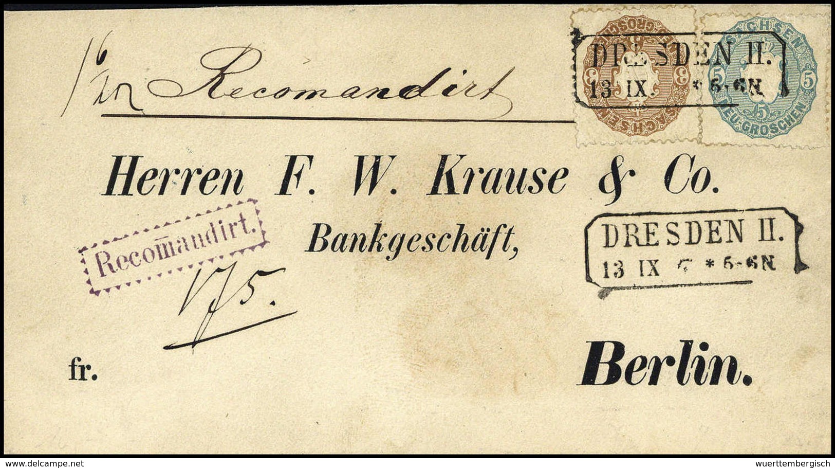 Beleg 3 Ngr. Mit 5 Ngr. Blaugrau Auf Schönem Luxus-Vordruckbrief Mit Violettem Rekommandiert-Stempel Von Dresden Nach Be - Autres & Non Classés