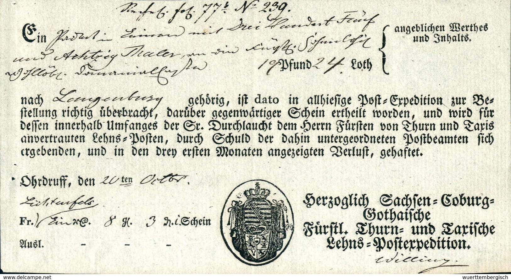 Beleg (1836), Ohrdruf, Seltener Ortsdruck-Postschein Der TT-Lehens-Postexpedition. - Altri & Non Classificati