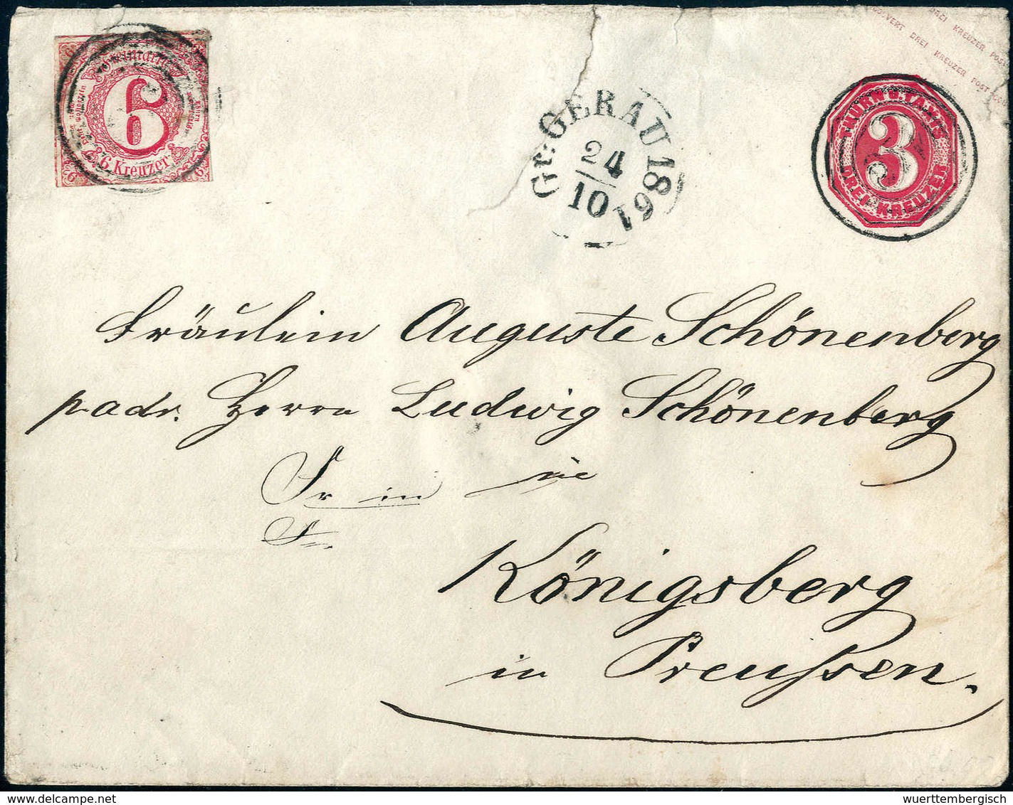 Beleg 6 Kr., Zusatzfrankatur Auf Großformat-Ganzsachenumschlag 3 Kr. Rosa Mit Stempel "118" GROSS-GERAU 24/10 1861 Nach  - Altri & Non Classificati