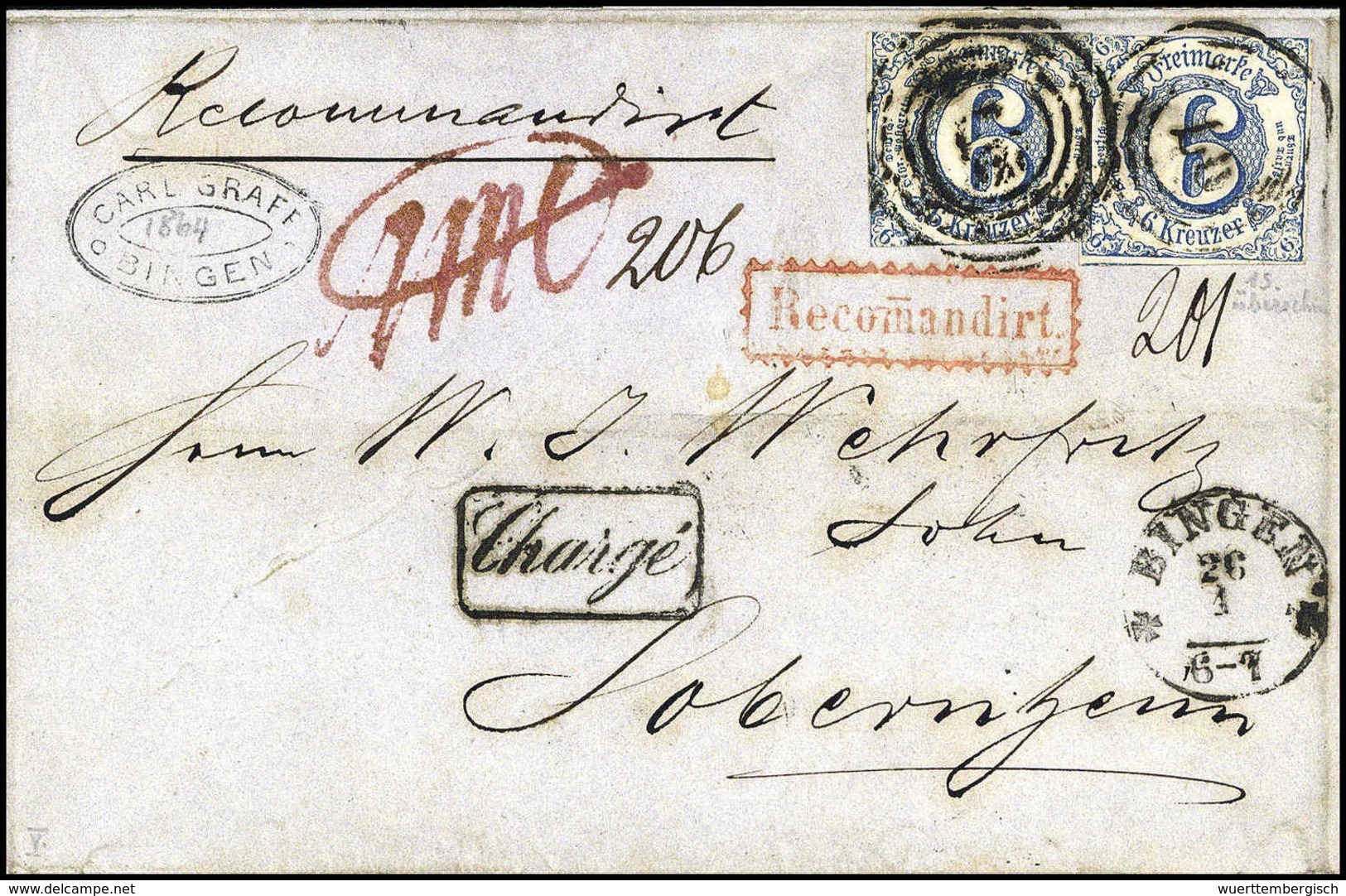 Beleg 6 Kr., Zwei Exemplare Auf Pracht-Rekommandiert-Brief Mit Stempel "97" BINGEN, Roter Und Schwarzer Reko- Bzw. Charg - Autres & Non Classés