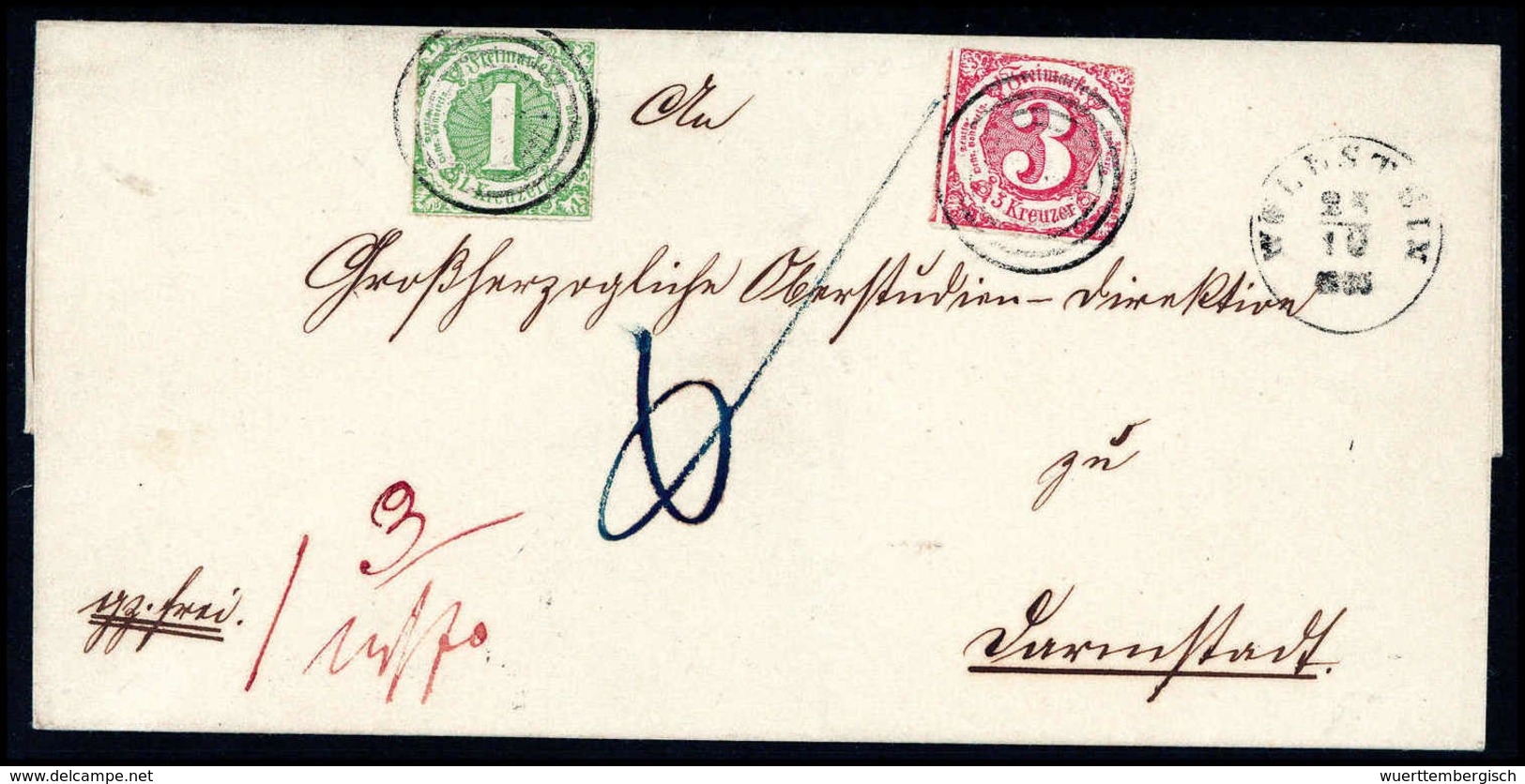 Beleg 1 Und 3 Kr., Schöner Kab.-Brief Mit Vorausbezahltem Bestellgeld Nach Darmstadt, Stempel "162" WÖLLSTEIN, Fotobefun - Autres & Non Classés