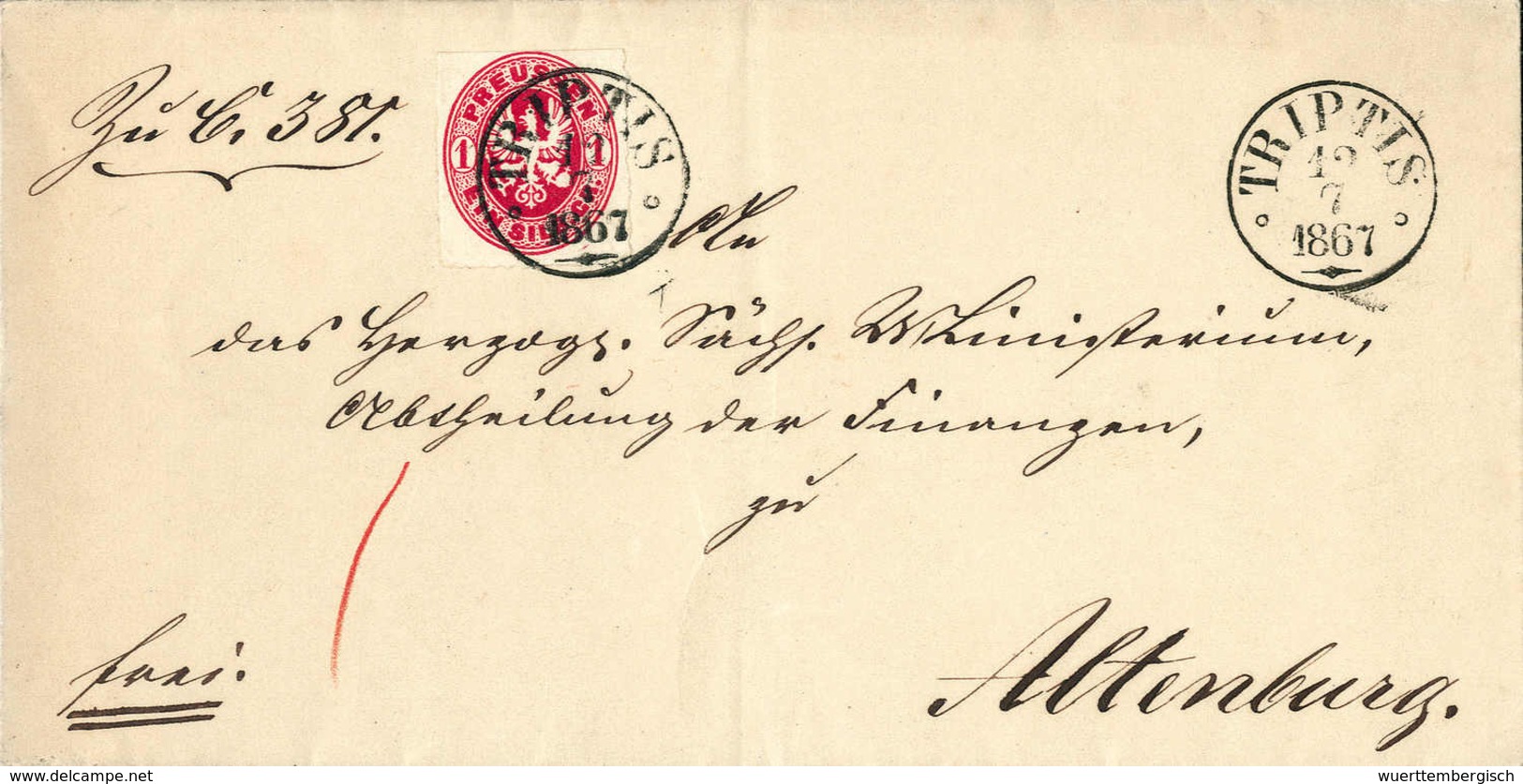 Beleg TRIPTIS 12/7 1867, Idealer K1 Zweimal Auf Makellosem Brief Preussen 1 Sgr. (oben Schere) Nach Altenburg. (Michel:  - Autres & Non Classés