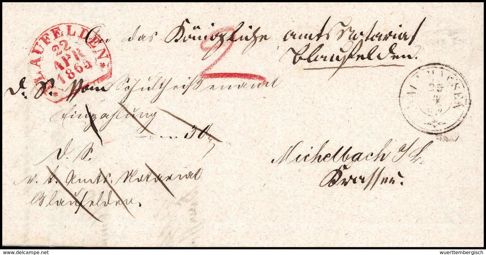 Beleg 1847/65, BLAUFELDEN, Steigbügelstempel In Schwarz, Waidblau Und Rot, Drei Frische Kab.-Briefe. - Other & Unclassified