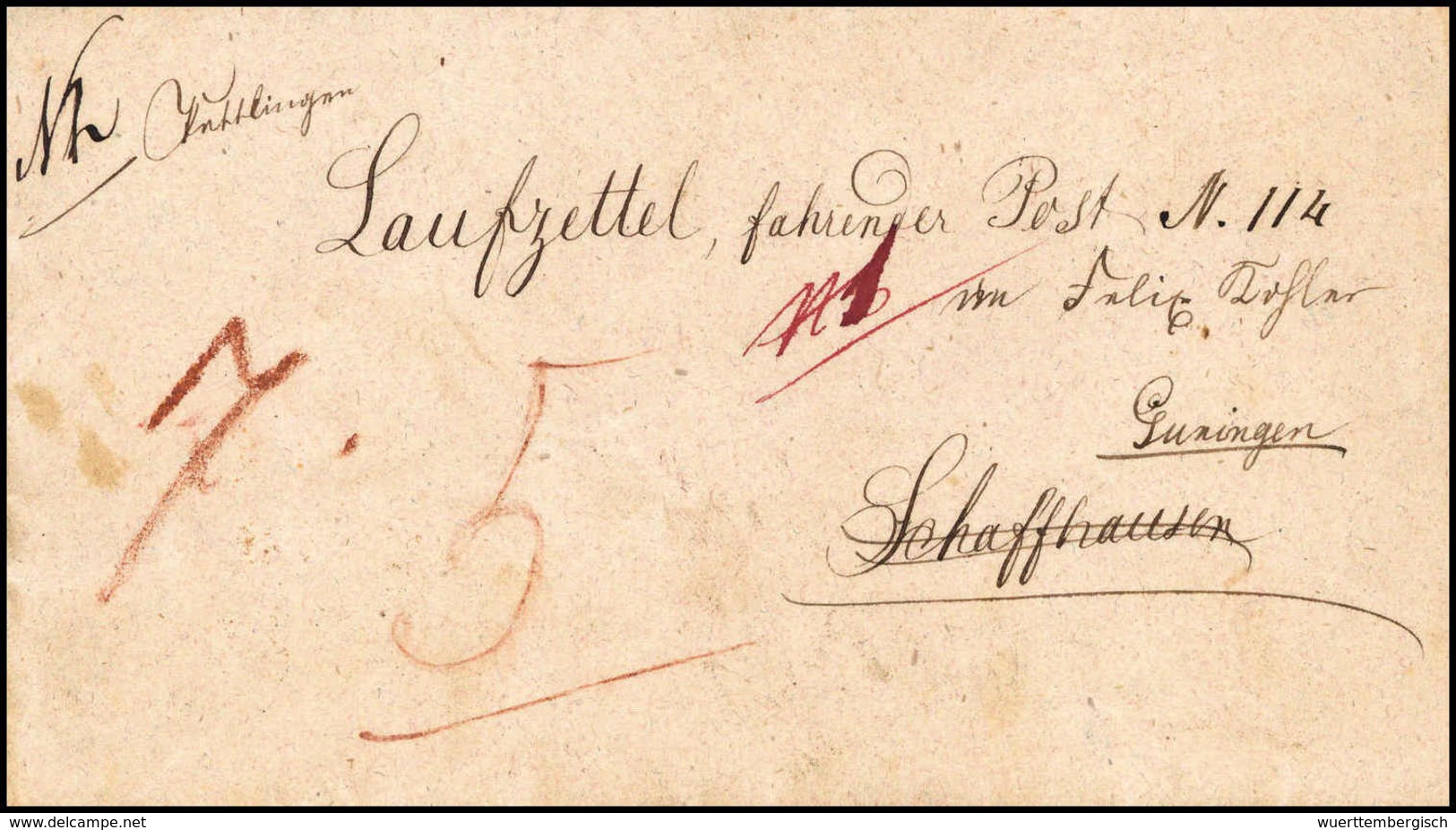 Beleg 1851, Tuttlingen, Innen Vorgedruckter Laufzettel Der Fahrenden Post Nach Schaffhausen Und Weiter Nach Tuningen. - Sonstige & Ohne Zuordnung