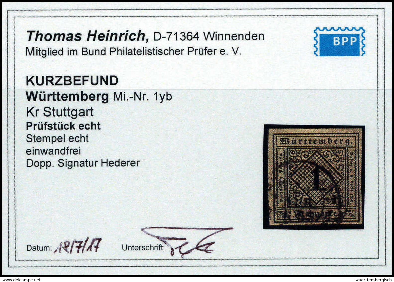 Gest. 1 Kr., Seidenpapier, Gestplt. Kabinettstück, Fotobefund Heinrich BPP.<br/><b>Katalogpreis: 300,-</b> (Michel: 1yb) - Other & Unclassified