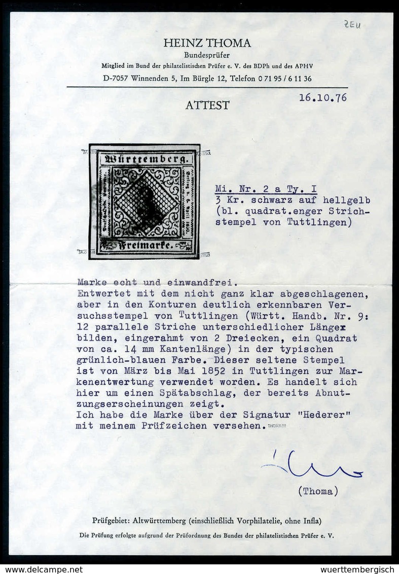 Gest. 3 Kr., Breitrand. Kab.-Stück Mit Sauber Aufgesetztem Stummem Stempel Von Tuttlingen (enger Quadratischer Strichste - Autres & Non Classés