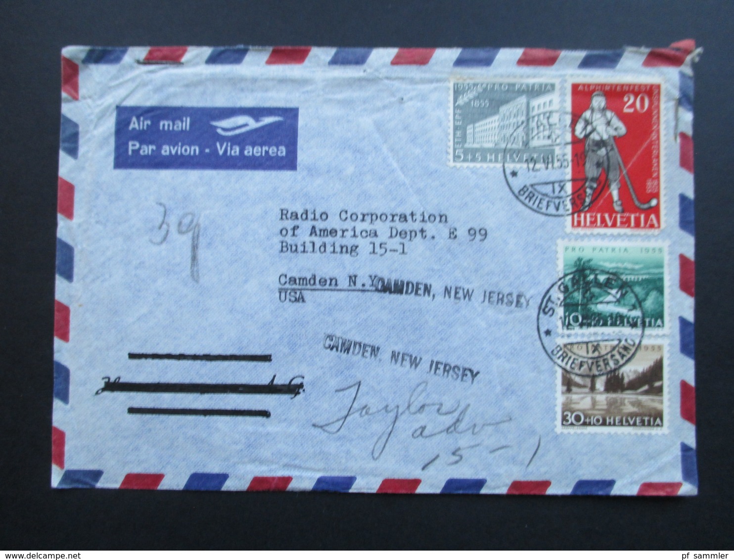 Schweiz 1955 Air Mail Pro Patria  MiF An Die Radio Corporation Camden New York. - Lettres & Documents