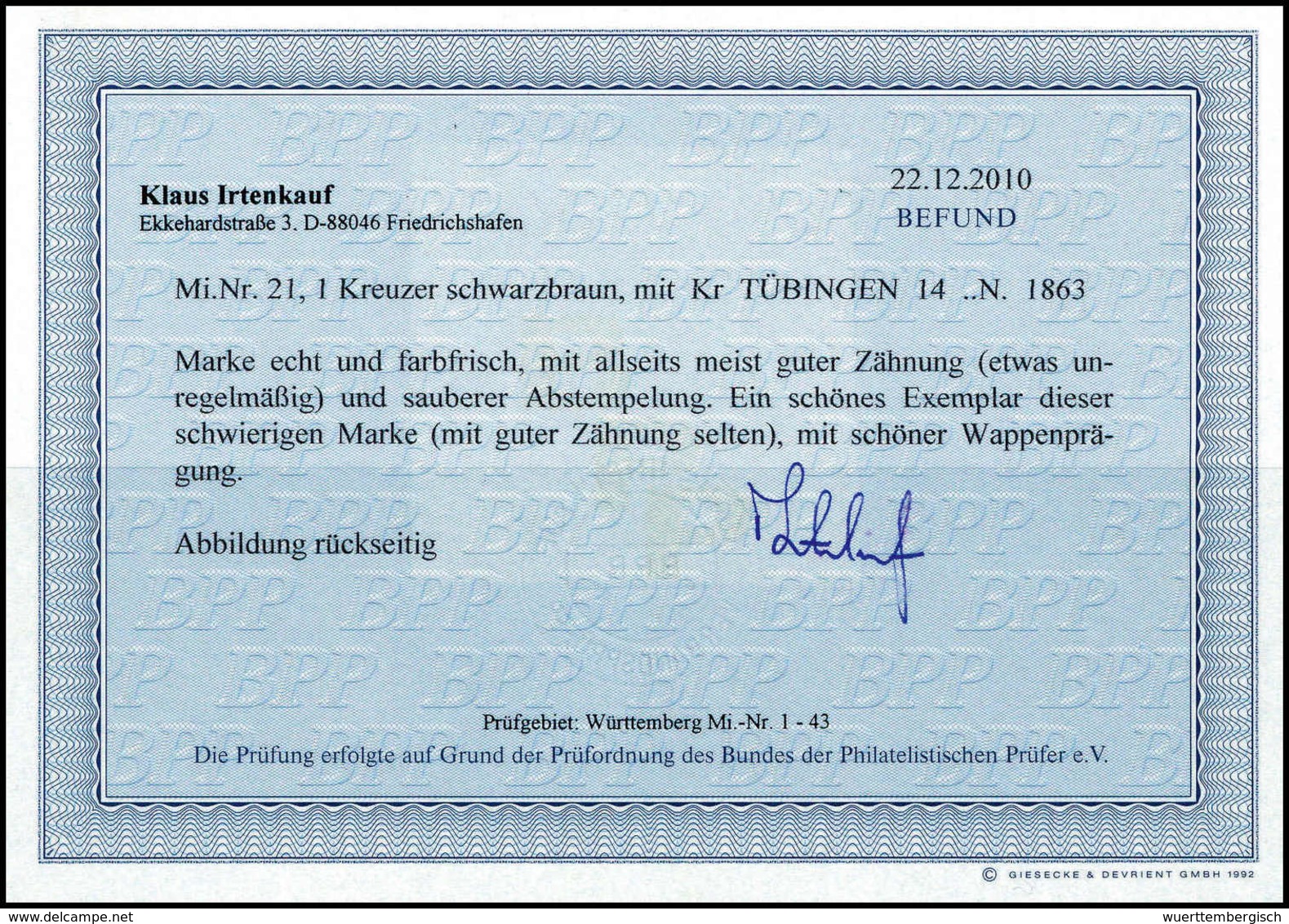 Gest. 1 Kr., Farbfrisches Exemplar In üblicher, Min. Unregelmäßiger Zhg. Mit K2 TÜBINGEN, Fotobefund Irtenkauf BPP.<br/> - Autres & Non Classés