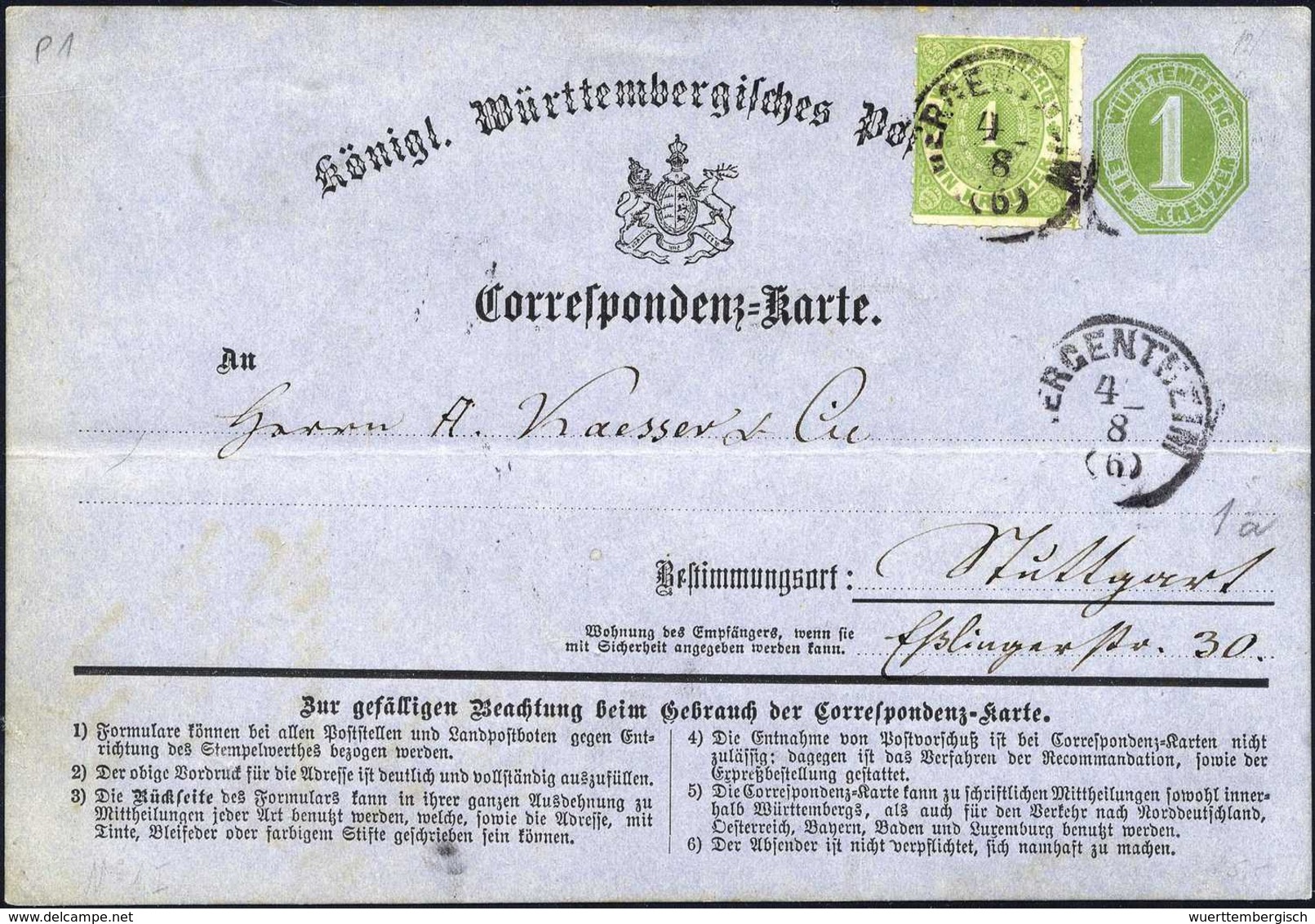 Beleg 1 Kr., Farb- Und Wertstufengl. Zusatzfrankatur Auf Gef. Korrespondenzkarte 1 Kr. Mit K1 MERGENTHEIM 4/8 (73). (Mic - Other & Unclassified