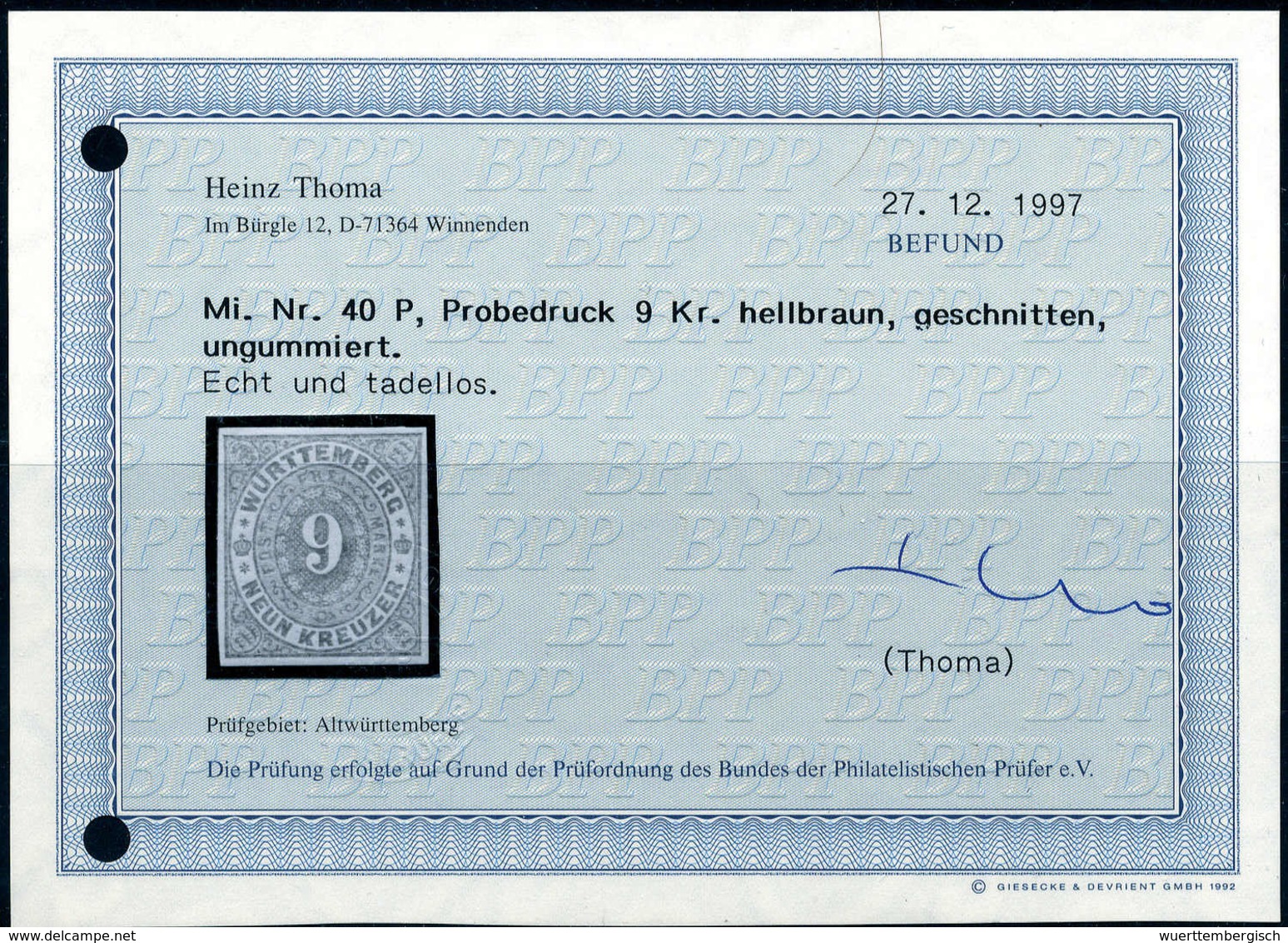 O. Gummi 9 Kr., Undurchstochener Probedruck, Tadellos, Wie Verausgabt O.G., Fotobefund Thoma BPP. (Michel: 40P) - Sonstige & Ohne Zuordnung