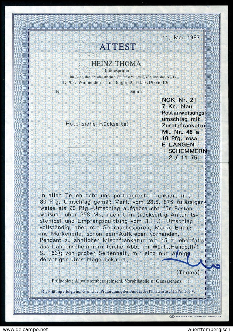 Beleg 10 Pfg., Zusatzfrankatur Auf Postanweisungs-Umschlag 7 Kr. Blau Mit Klarem K1 LANGENSCHEMMERN 2/11 75. Die 10 Pfg. - Sonstige & Ohne Zuordnung