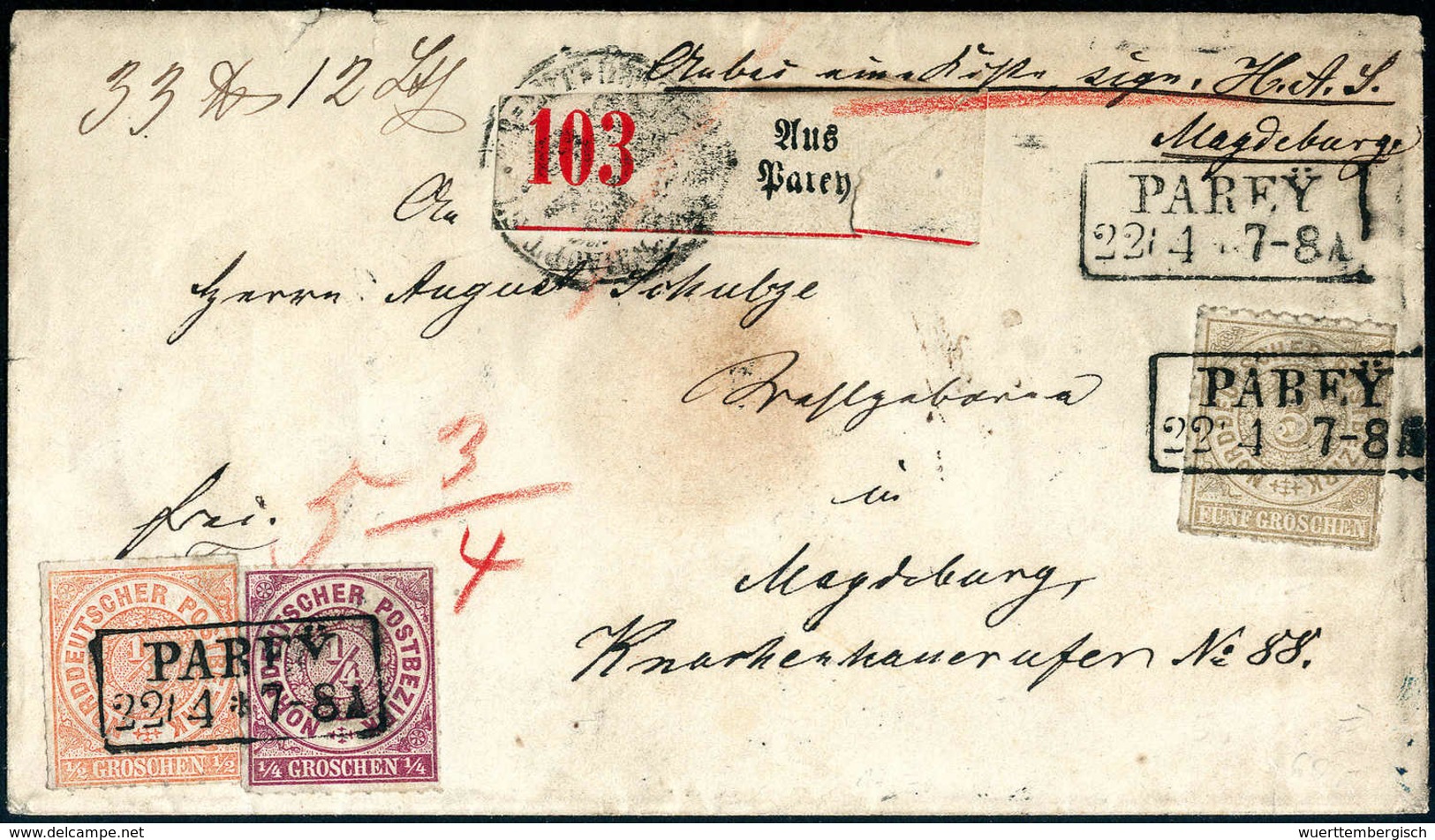 Beleg ¼ Gr. Mit ½ Gr. Orange Und 5 Gr. Olivbraun, Kab.-Stücke Mit Seltenem Preussen-R2 PAREY Auf Paketbegleitbrief Nach  - Other & Unclassified