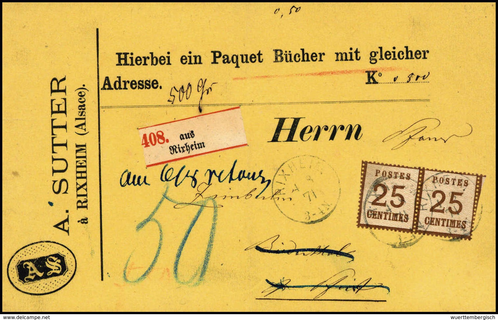 25 C., Tadelloses, Waagr. Paar Mit Klaren K1 RIXHEIM 4/8 71 Auf Gelber Paketbegleitkarte Für Ein Paket Bücher, Roter Pak - Autres & Non Classés