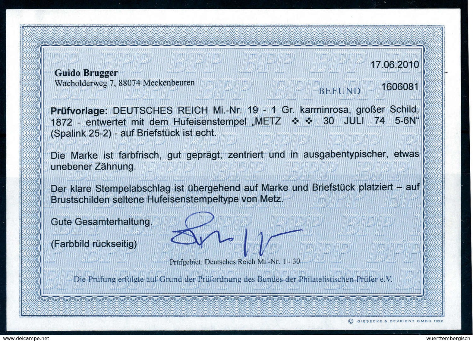 Briefst. METZ 30/7 74 (Sp. 25-2), Ideal Auf Luxus-Bfstk. DR 1 Gr., Fotobefund Brugger BPP. (Michel: 19) - Sonstige & Ohne Zuordnung