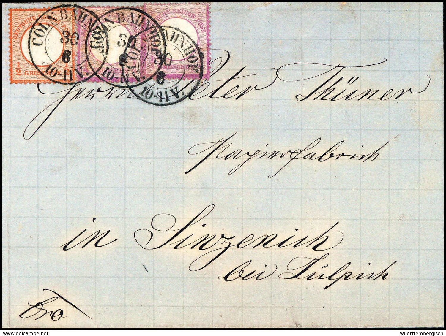 ¼ Gr., Zwei Exemplare Mit ½ Gr. Ziegelrot Auf Schönem Blauem Prachtbrief, Klare K2 CÖLN BAHNHOF 30/6 (1872). (Michel: 1( - Other & Unclassified