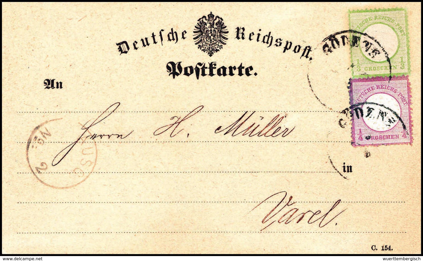 Beleg ¼ Gr., Seltene Rauhe Zähnung, In Mischfrankatur Mit 1/3 Gr. Hellgrün, Gr. Schild, Auf Kab.-Postkarte Nach Varel, H - Altri & Non Classificati