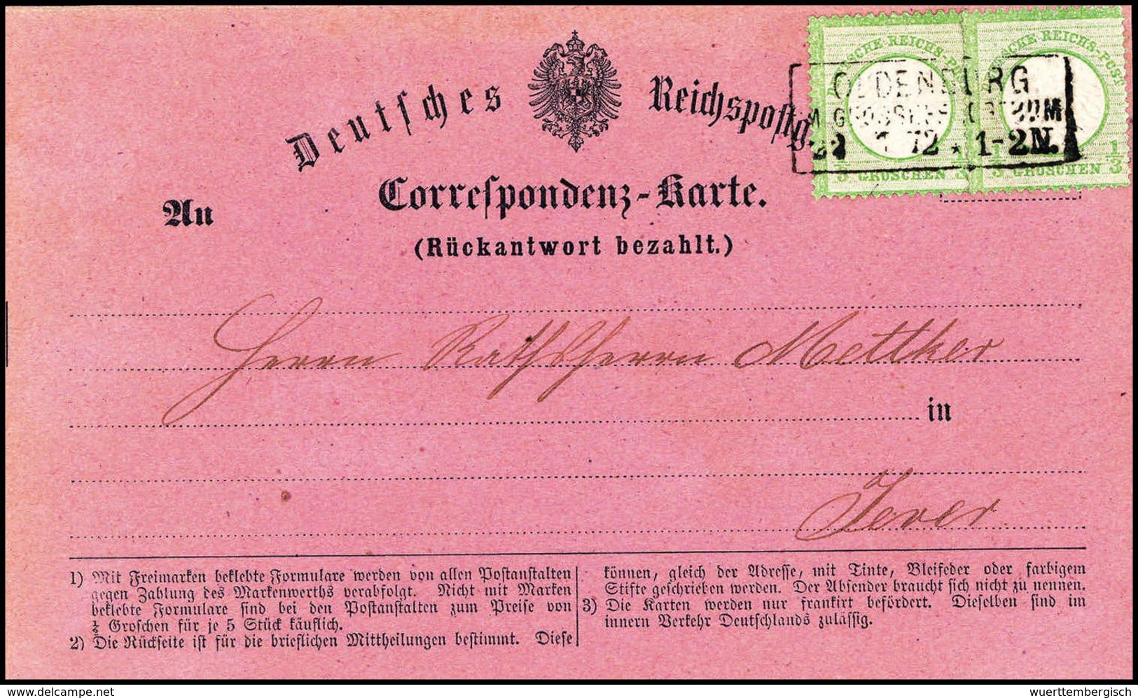 Beleg 1/3 Gr., Zwei Exemplare Auf Kab.-Postkarte (Rückantwort Bezahlt) Mit Klarem R3 OLDENBURG 22/7 72 Nach Jever. In Di - Autres & Non Classés