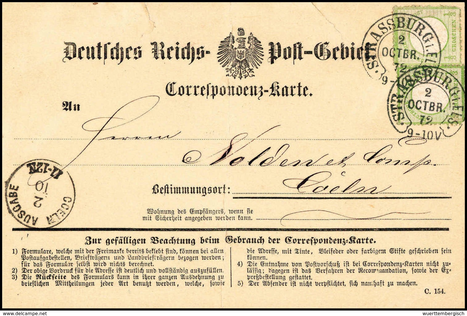 Beleg 1/3 Gr., Zwei Exemplare Mit Gestochen Klarem Hufeisenstpl. STRASSBURG I.ELS. 2/10 72 Auf Reichspost-Korrespondenzk - Sonstige & Ohne Zuordnung