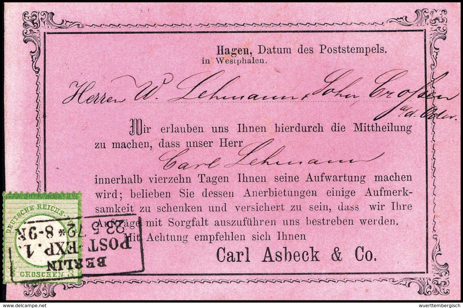 Beleg 1/3 Gr., Schöne Violette Zier-Postkarte Mit Klarem R3 BERLIN POST-EXP.1, Sign. Sommer BPP.<br/><b>Katalogpreis: 35 - Other & Unclassified