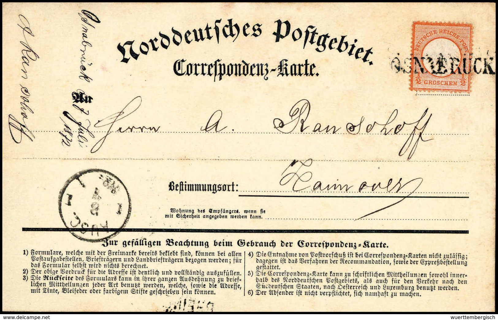 Beleg ½ Gr., Kab.-Stück Auf Gef. NDP-Korrespondenzkarte Mit Hannover-L1 OSNABRÜCK. (Michel: 3) - Sonstige & Ohne Zuordnung