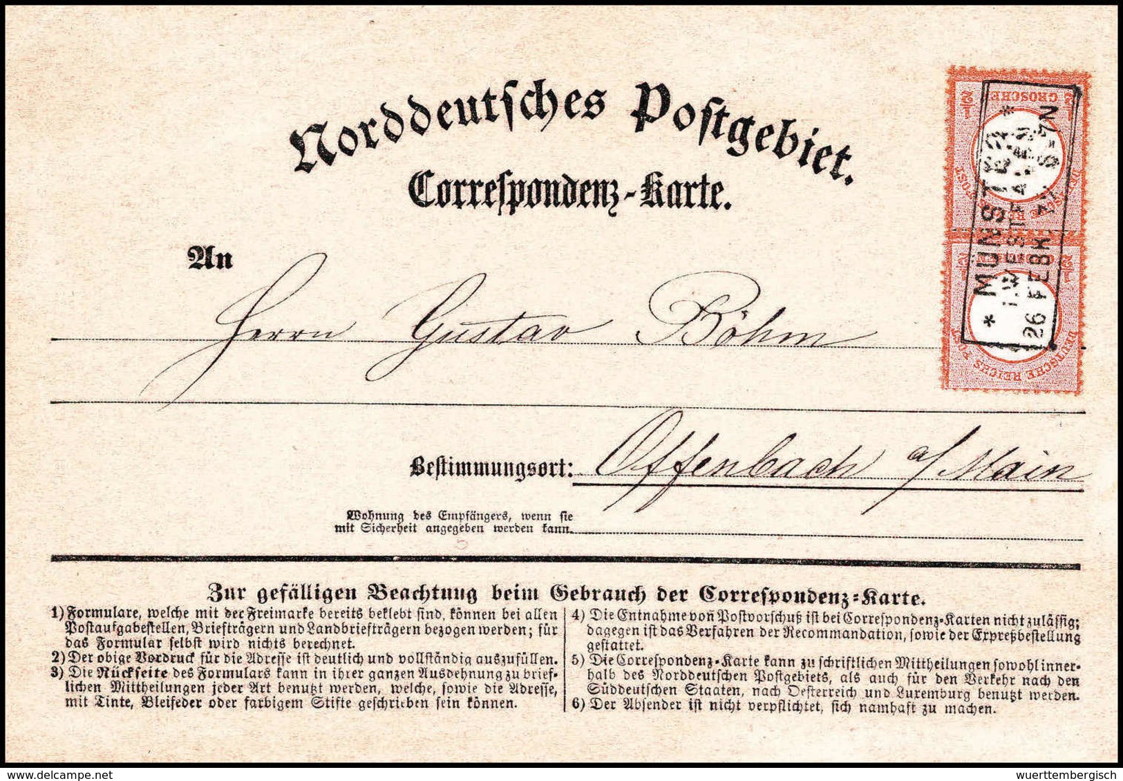 Beleg ½ Gr., Frisches, Senkr. Prachtpaar Auf NDP-Korrespondenzkarte Nach Offenbach, Klare R3 MÜNSTER 26/2 72. (Michel: 3 - Autres & Non Classés