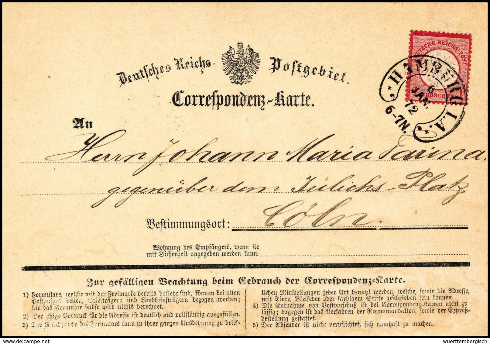 Beleg 1 Gr., Prachtstück Mit Klarem Hufeisenstpl. HAMBURG I A. 6/1 72 (Sp.17-1) Auf Seltenem Korrespondenzkarten-Vordruc - Altri & Non Classificati