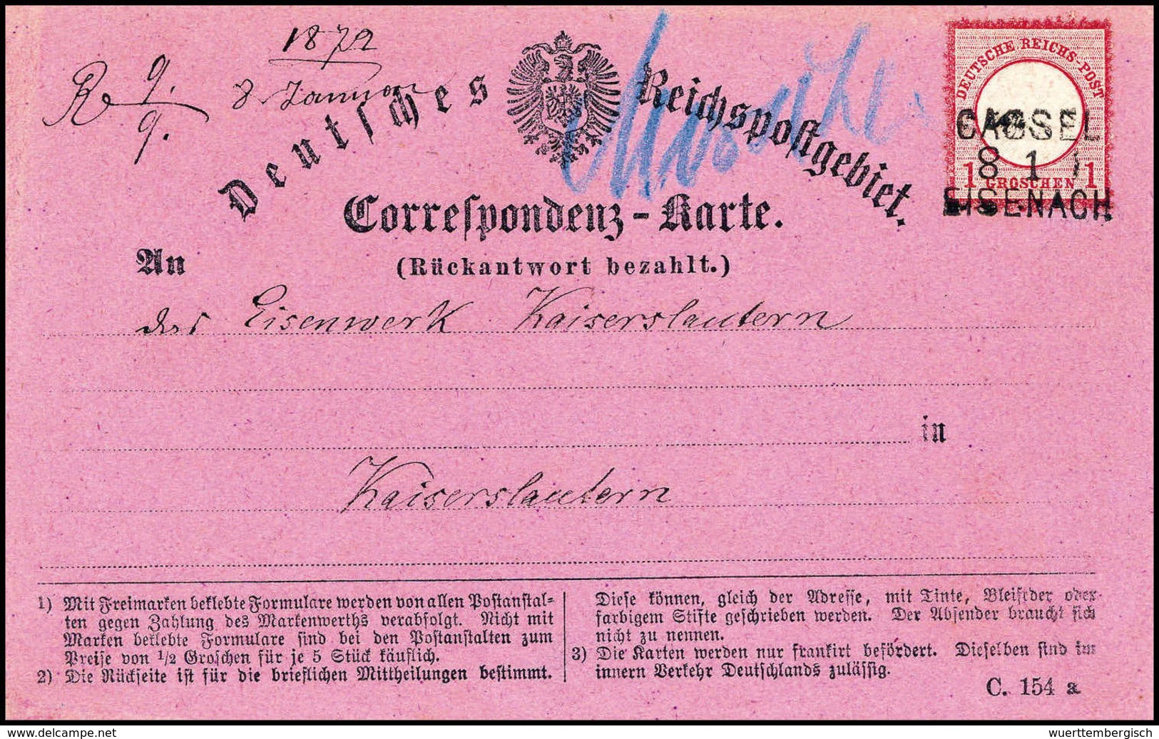 Beleg 1 Gr., Luxusstück Mit Klarem Zug-L3 CASSEL/EISENACH 8/11 (1872) Auf Violetter Bezahlter Rückantwortkarte Nach Kais - Autres & Non Classés