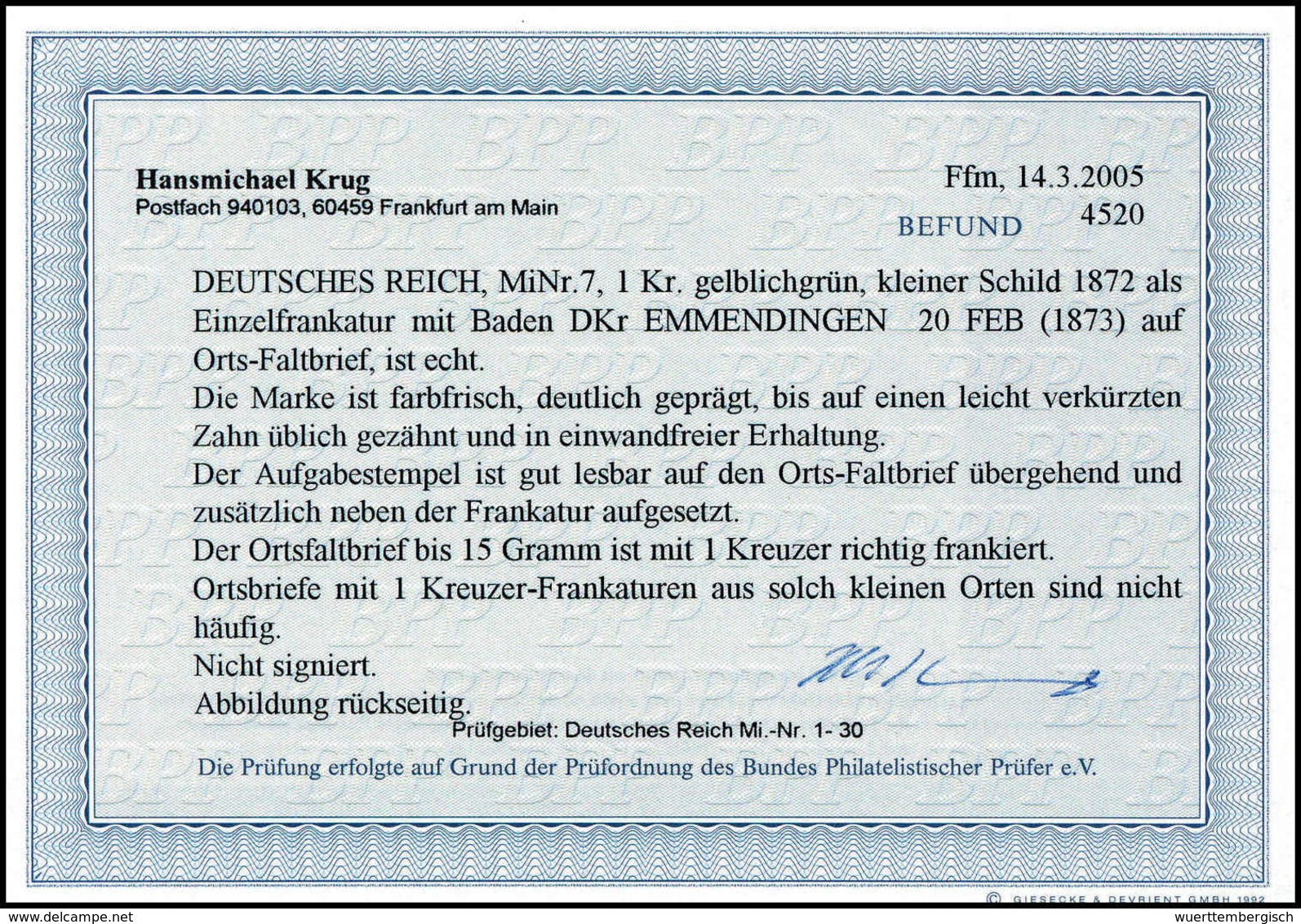 1 Kr., Besonders Farbfrisch Und Gut Geprägt (min. Kurzer Zahn) Als EF Auf Portoger. Ortsbrief Mit Baden-K2 EMMENDINGEN 2 - Autres & Non Classés