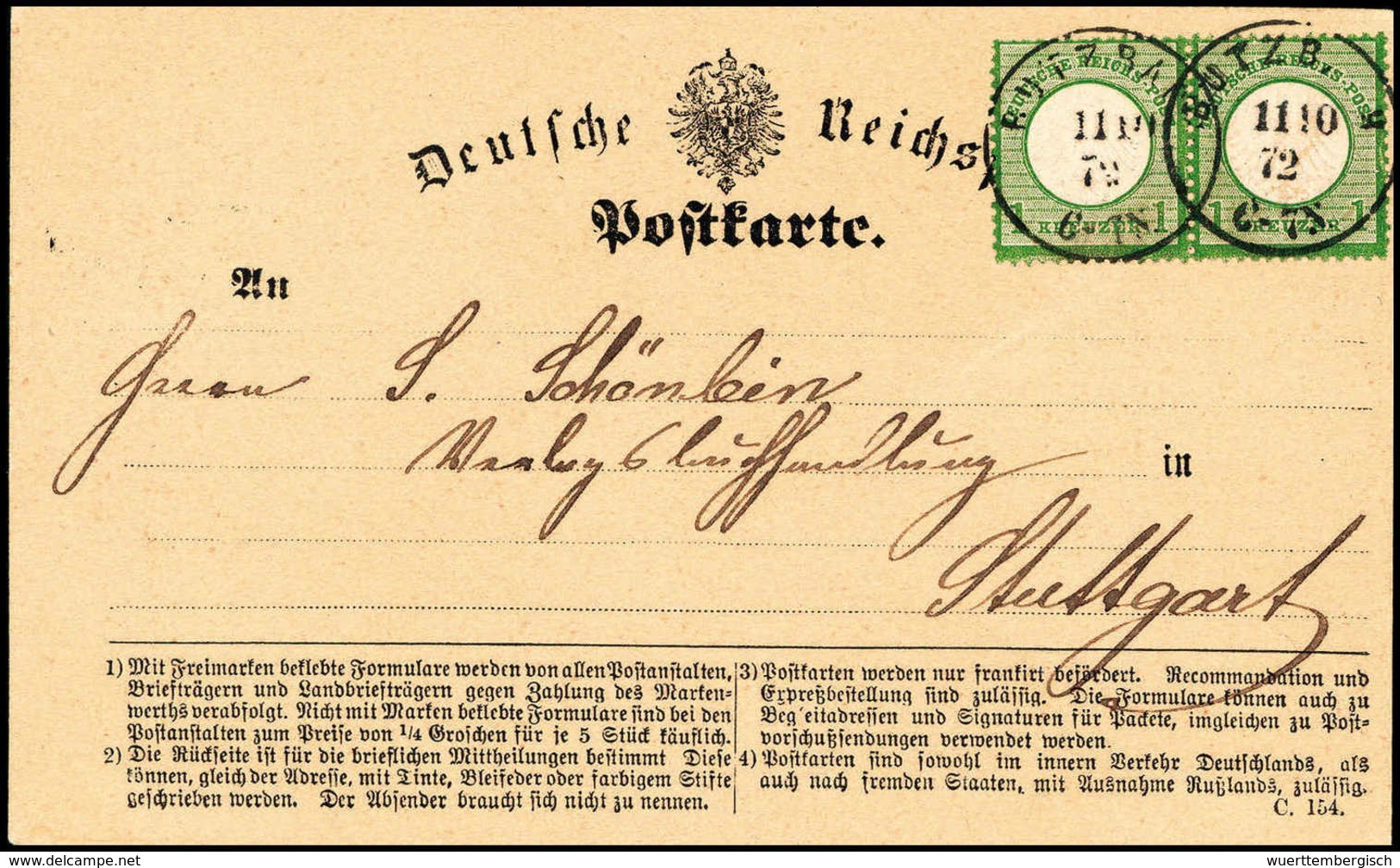 Beleg 1 Kr. Dunkelblaugrün, Seltene Farbe, Waagr. Kab.-Paar Mit K1 BUTZBACH 11/10 72 Auf Postkarte Nach Stuttgart. (Mich - Altri & Non Classificati