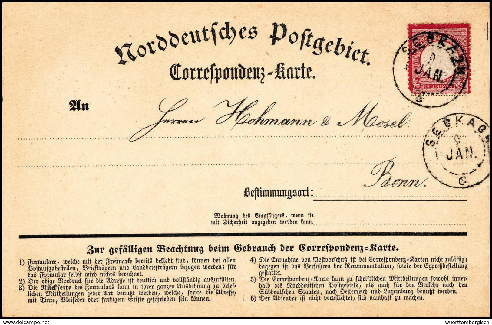 3 Kr., Einzelfrankatur (kl. Mgl.) Mit Baden-K2 SECKACH 9/1 (1872) Auf NDP-Korrespondenzkarte Mit Hektografierter Adresse - Autres & Non Classés