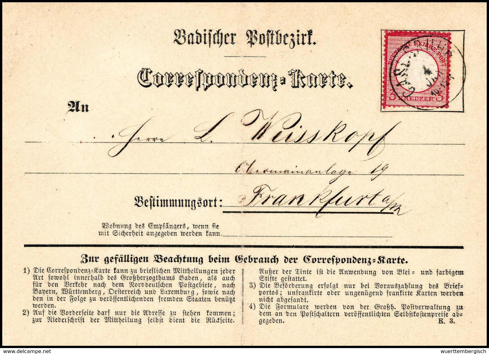 Beleg 3 Kr., Prachtstück Mit Baden-K1 CARLSRUHE 4/1 (1872) Auf Gef. Badischer Korrespondenzkarte Nach Frankfurt/M. Sehr  - Autres & Non Classés