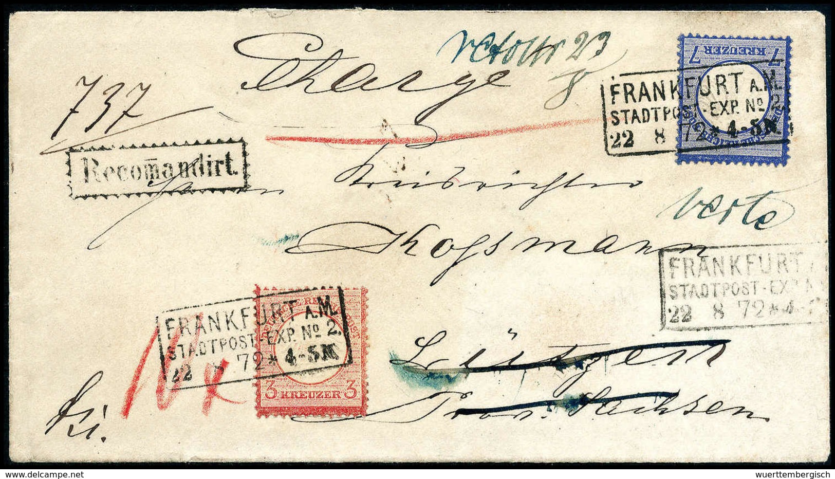 Beleg 3 Kr. Mit 7 Kr. Ultramarin Auf Kab.-Chargébrief, Klare R3 FRANKFURT A.M. STADT-POST-EXP. No.2 22/8 72. Nach Sachse - Autres & Non Classés