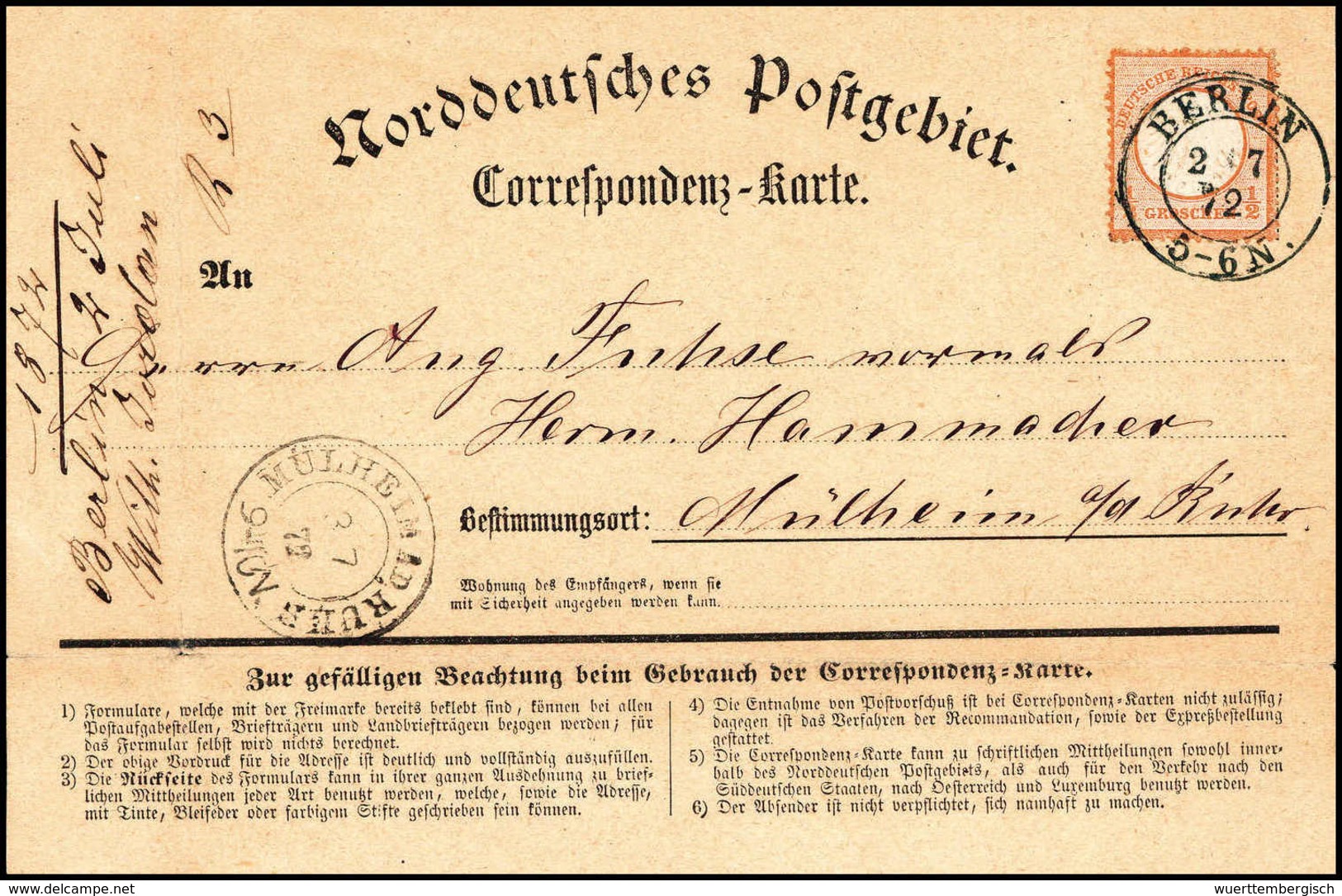 Beleg ½ Gr., Kab.-Stück Mit Schönem K2 BERLIN 2/7 72 Auf Gef. NDP-Korrespondenzkarte. Seltene Verwendung Vom 2.Tag Des N - Autres & Non Classés