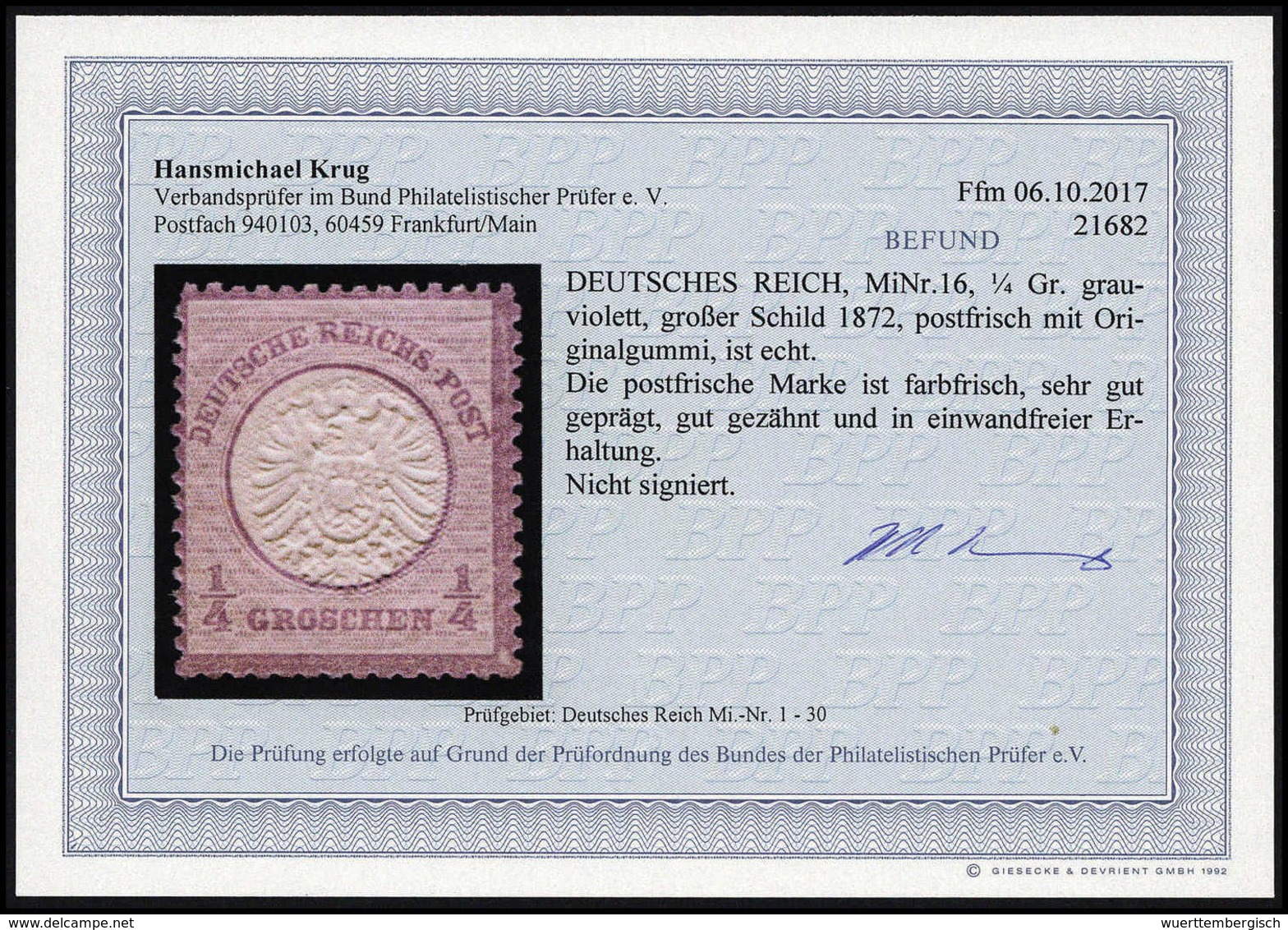 ** ¼ Gr., Postfr. Luxusstück, Fotobefund Krug BPP.<br/><b>Katalogpreis: 300,-</b> (Michel: 16) - Autres & Non Classés