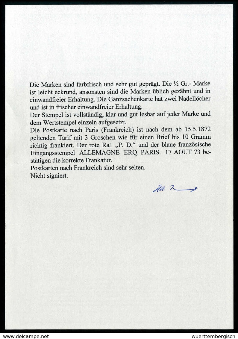 Beleg ½ Gr., Und 2 Gr. Ultramarin Als Zusatzfrankatur Auf Ganzsachenkarte ½ Gr. Braun Nach Paris, Klar Und Sauber Aufges - Autres & Non Classés