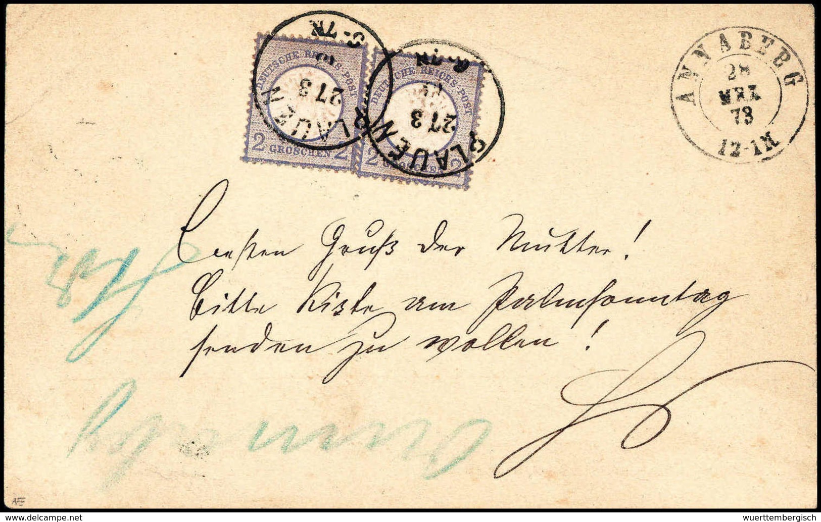 Beleg 2 Gr., Zwei Exemplare Rs. Frankiert Auf Paketbegleit-Postkarte Nach Annaberg, Klare K1 PLAUEN 27/3 73. (Michel: 20 - Autres & Non Classés