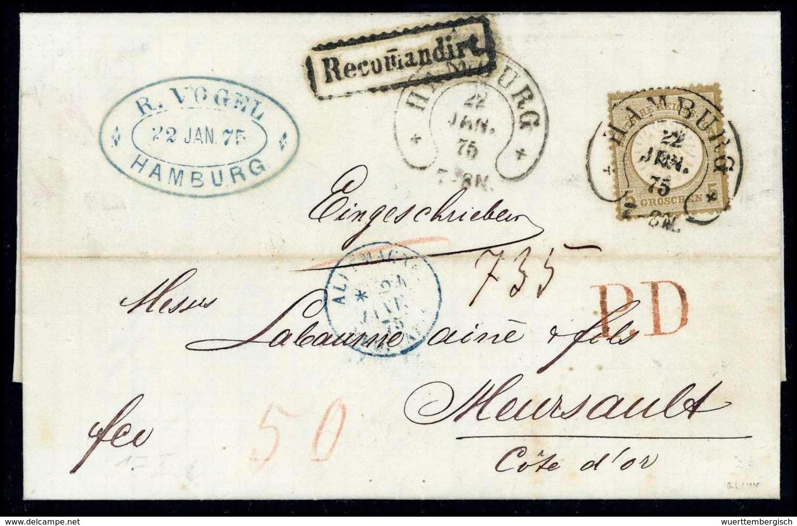 Beleg 5 Gr., Kab.-Stück Mit Zentr. Hufeisenstpl. HAMBURG 22/1 75 (Pfennigzeit) Auf Weißem Brief (gef.) Nach Frankreich,  - Autres & Non Classés