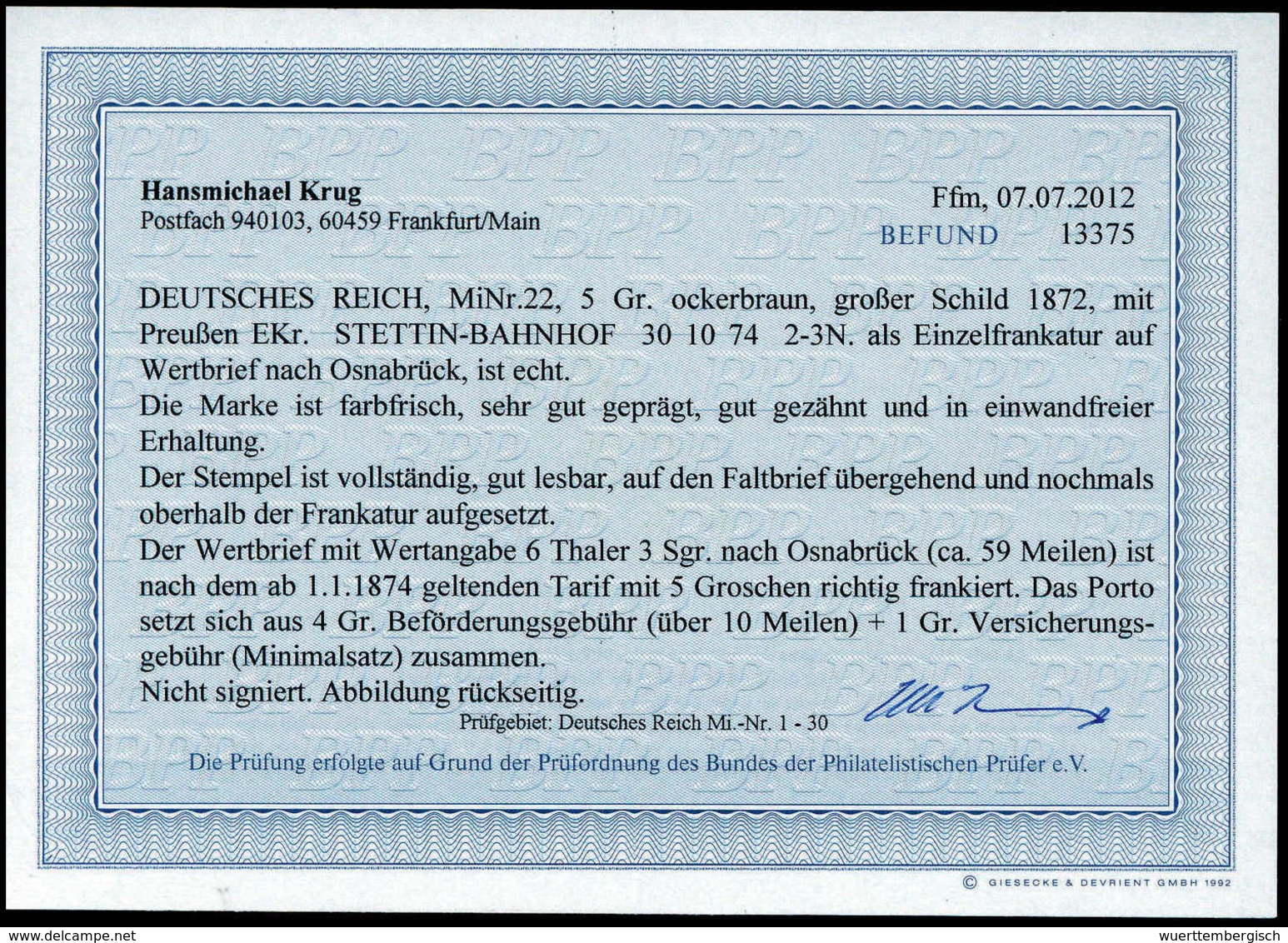 Beleg 5 Gr., Frischer Weißer Kab.-Wertbrief Mit Klarem K1 STETTIN BAHNHOF 30/10 74 Nach Osnabrück, Fotobefund Krug BPP.  - Autres & Non Classés