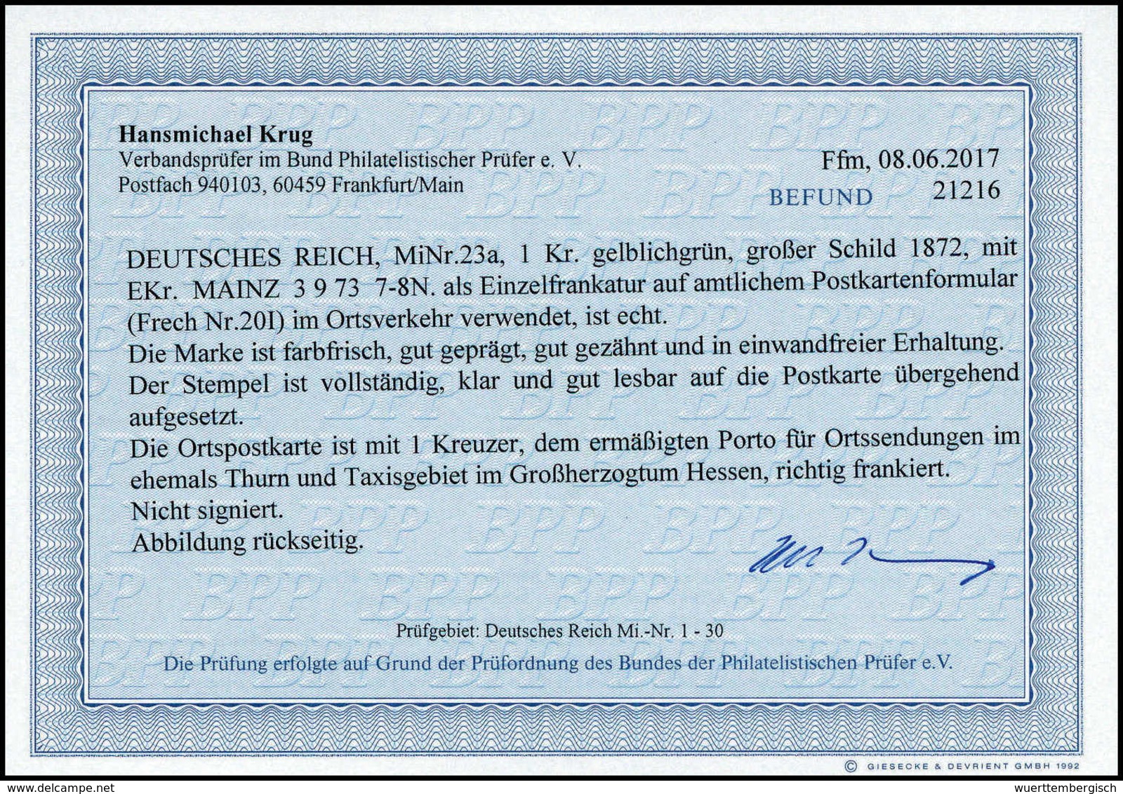 Beleg 1 Kr., Luxus-Ortspostkarte Mit K1 MAINZ 3/9 73. Ermäßigtes Ortsporto Für Die Ehemaligen Taxis-Gebiete, Fotobefund  - Sonstige & Ohne Zuordnung