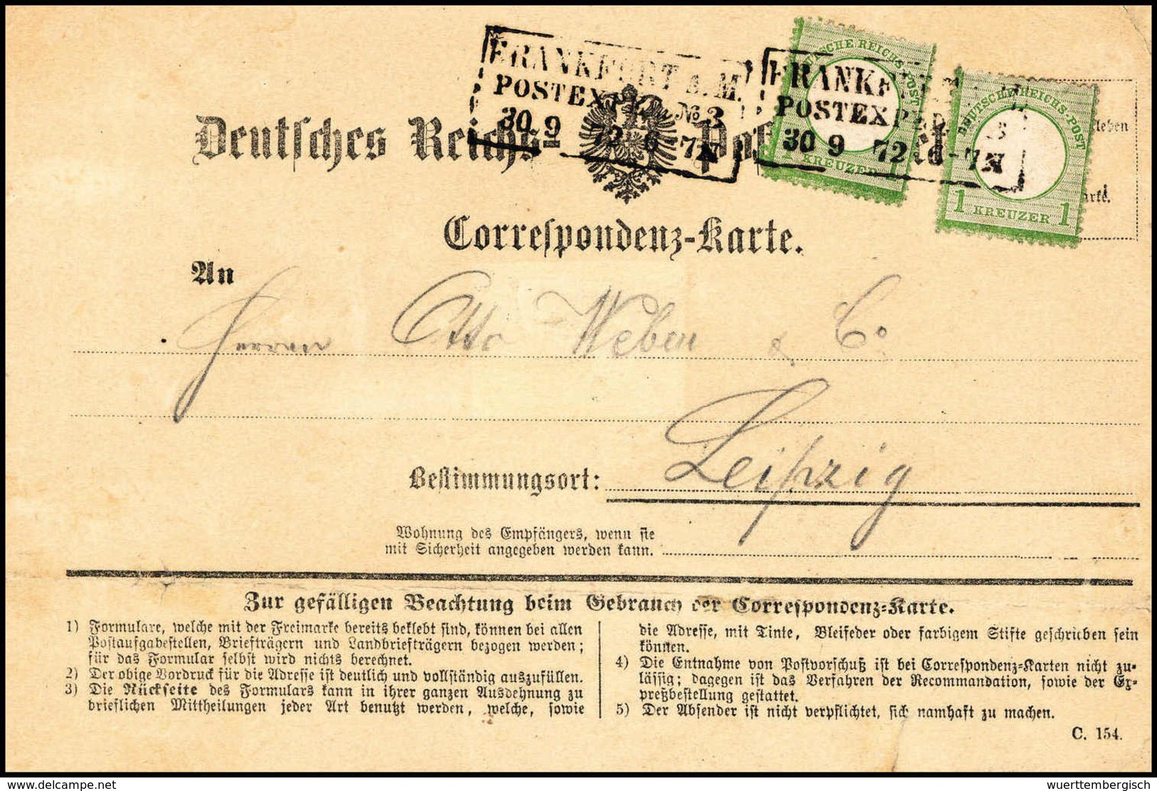 Beleg 1 Kr., Zwei Exemplare Auf Seltenem Reichspost-Postkartenformular Nach Leipzig, R3 FRANKFURT A.M. POSTEXPED.No.3 30 - Autres & Non Classés