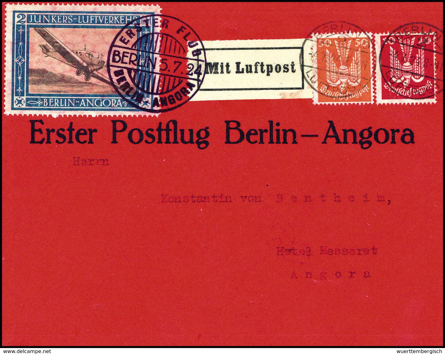 Beleg 1924, Junkers 2 GM Mit Flugpost 10 Und 50 Pfg. Auf Offiziellem Rotem Sonderumschlag ERSTER FLUG BERLIN-ANGORA 5/7  - Other & Unclassified