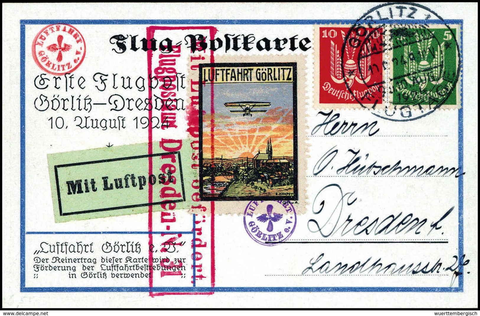 Beleg 1924, LUFTFAHRT GÖRLITZ, Farbige Flug-Vignette Mit Flugpost 5 Und 10 Pfg. Auf Tadelloser Sonderkarte Mit Stempel G - Other & Unclassified