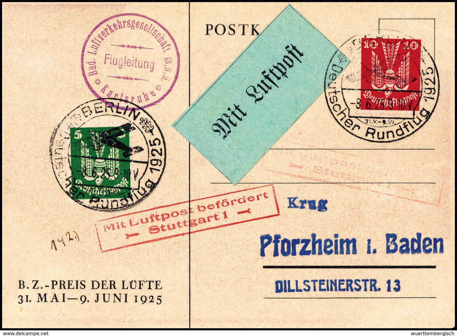 Beleg BERLIN DEUTSCHER RUNDFLUG 8/6 25, Tadellose Sonderkarte "Preis Der Lüfte" Mit Violettem Stempel "Bad. Luftverkehrs - Autres & Non Classés