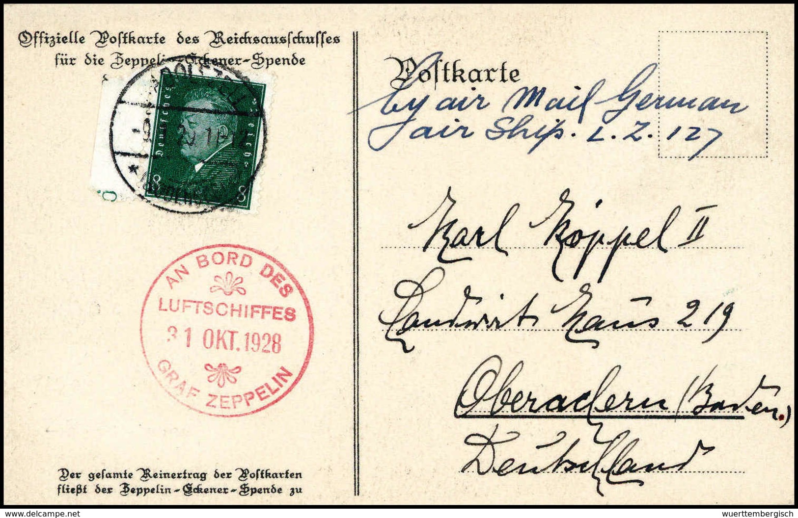Beleg 1928, Amerikafahrt, Abwurf Radolfzell, Tadellose Zeppelin-Spendenkarte Mit Rotem Sonderbestätigungsstpl., Frankier - Autres & Non Classés