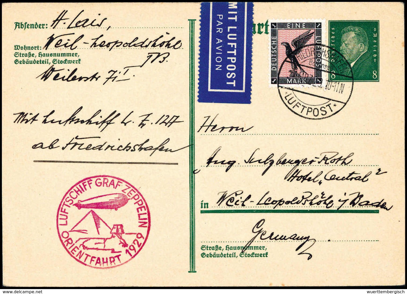 Beleg 1929, Orientfahrt, Frische Ganzsachenkarte (leichter Eckbug) Ebert 8 Pfg. Und Zusatzfrankatur Adler 1 Mk. (Michel: - Altri & Non Classificati