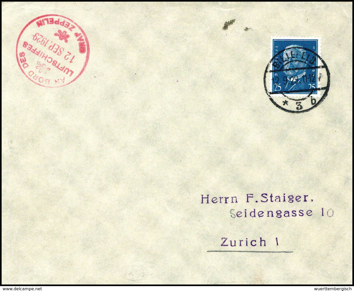 Beleg 1929, Deutschlandfahrt Teil I, Abwurf Bielefeld, Tadelloser Brief Hindenburg 25 Pfg. Mit Stempel BIELEFELD 12/9 29 - Autres & Non Classés