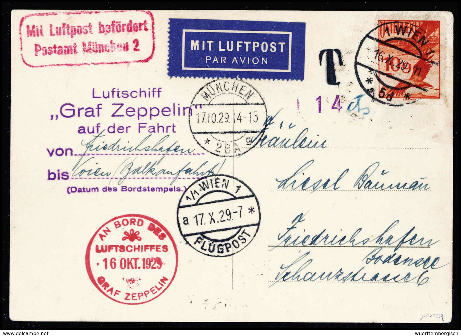 Beleg 1929, Balkanfahrt, Abwurf Wien, Postkarte Mit Allen Stempeln Nach Friedrichshafen (kl. Mgl.). Selten, Sign. Sieger - Autres & Non Classés