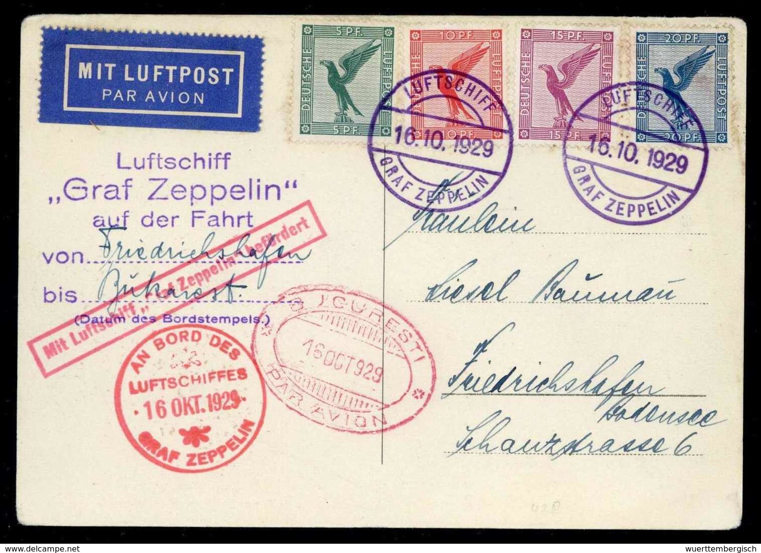 Beleg 1929, Balkanfahrt, Abwurf Bukarest, Postkarte 5-20 Pfg. Mit Violettem Bordpoststempel (kl. Fleckchen). (Michel: Si - Autres & Non Classés
