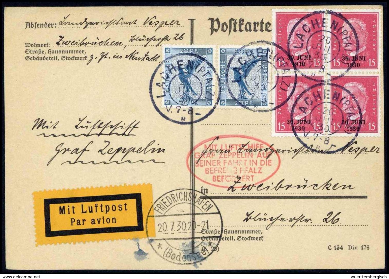Beleg 1930, Pfalzfahrt, Lachen - Friedrichshafen, Tadellose, Schön Frankierte Postkarte. (Michel: Si.75D) - Autres & Non Classés