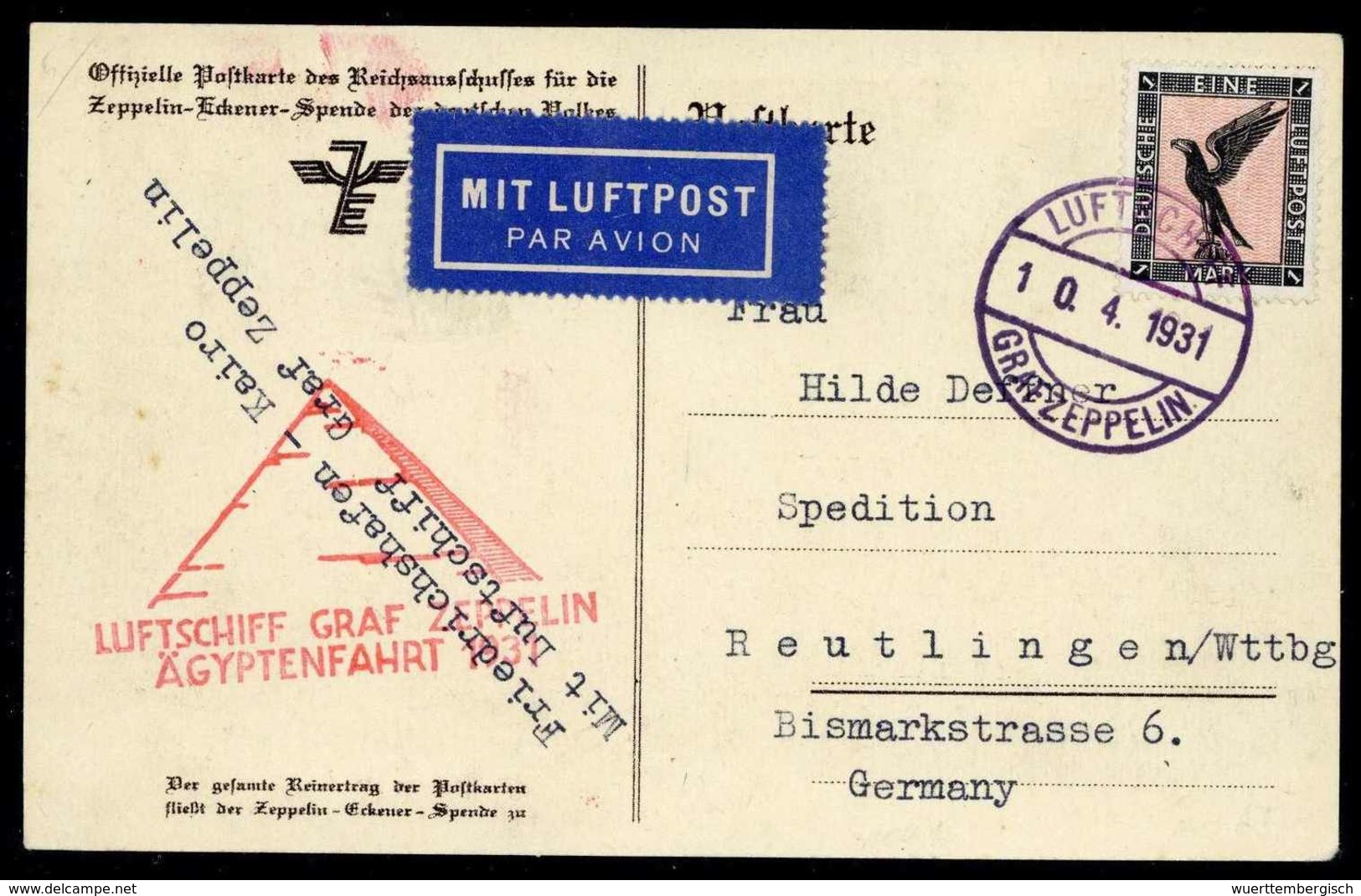 Beleg 1931, Ägyptenfahrt, Bordpost, Tadellose Postkarte Mit Rs. Bild Des Graf Zeppelin Nebst Unterschrift. (Michel: Si.1 - Autres & Non Classés